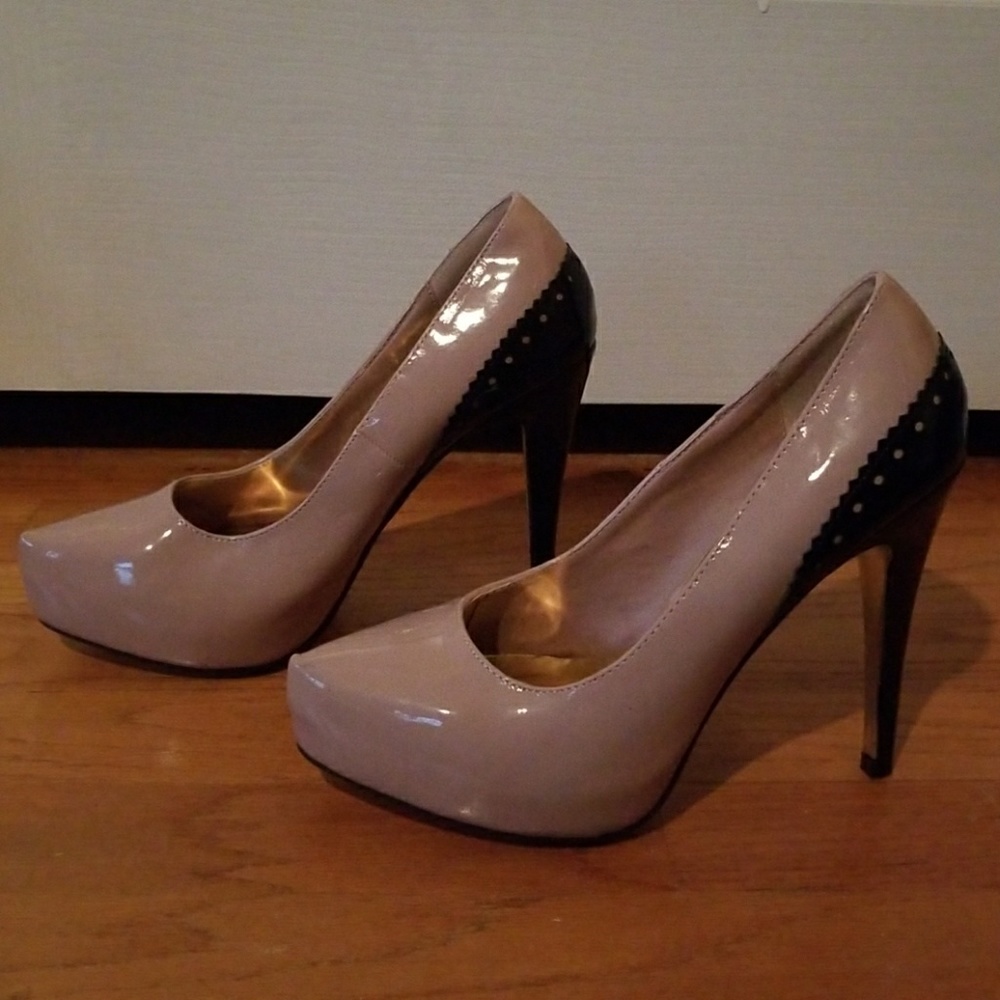 Nude blush and black patent high heels